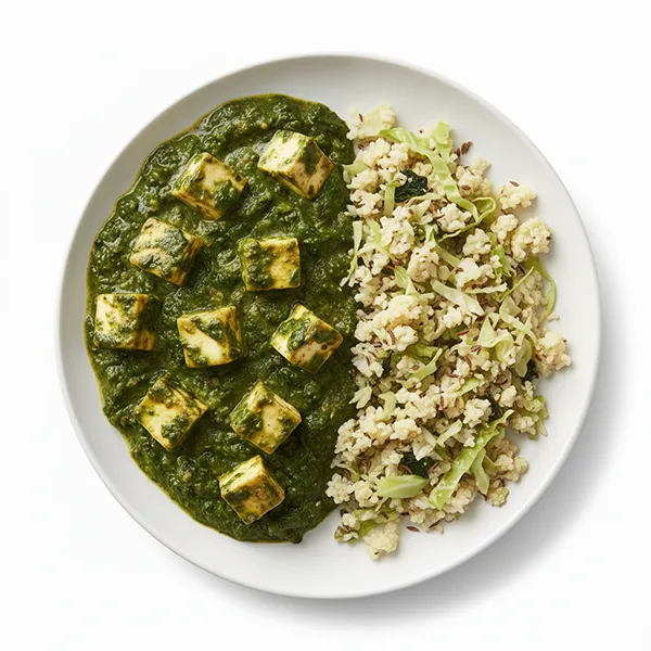 Spinach And Panner Masala With Toasted Cumin Cabbage Rice